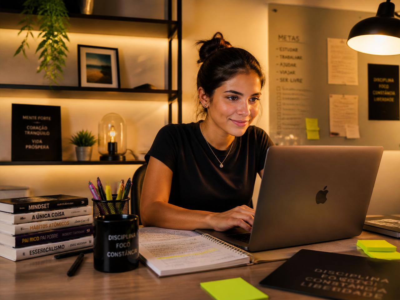 Estudante focada estudando com laptop e cadernos