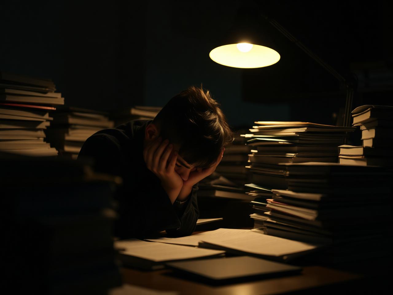 Estudante sobrecarregado com pilhas de livros